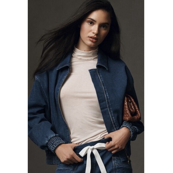 Anthropologie Rylie Bomber Jacket By Pilcro Demin Knit Edition Md z Sz Lg Blue - Picture 2 of 10